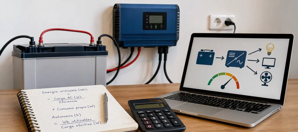 Cómo calcular la autonomía real de una batería de respaldo según Wh, carga, pérdidas del inversor y capacidad utilizable