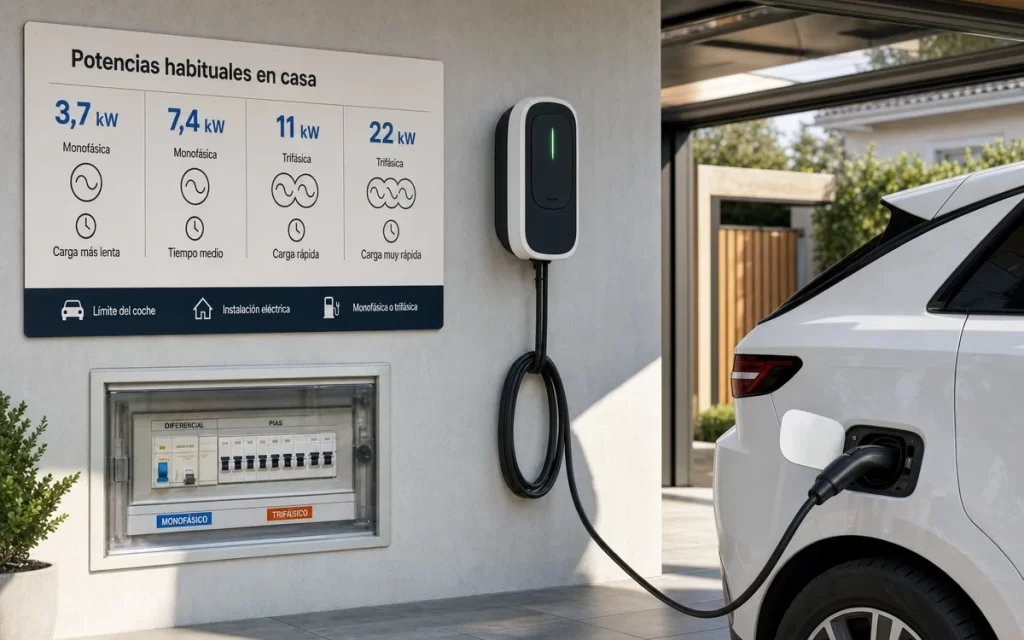 Cargar a 3,7 kW, 7,4 kW, 11 kW o 22 kW: qué cambia en casa