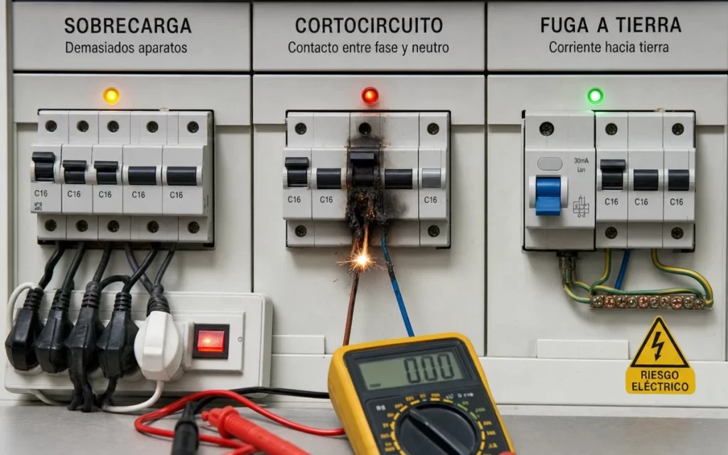 Sobrecarga, cortocircuito y fuga a tierra: diferencias